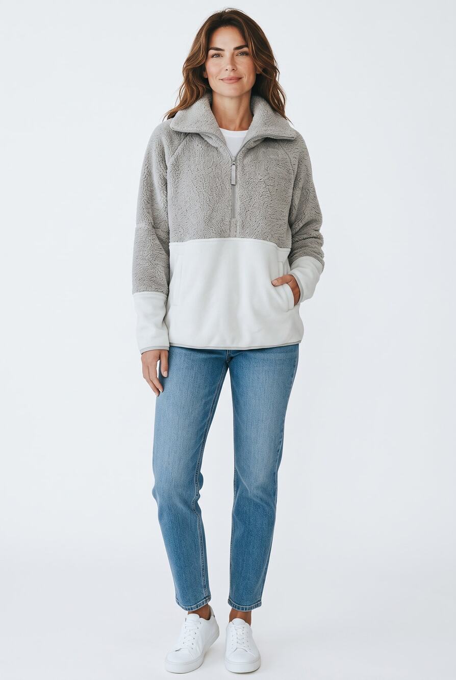 The North Face Women's Gray Cream Colorblock Sherpa Fleece Pullover Jacket S